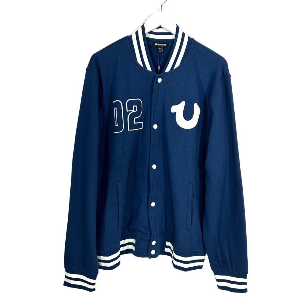 True Religion Jacket Mens L and XL Blue Horseshoe Varsity 02 Snap School